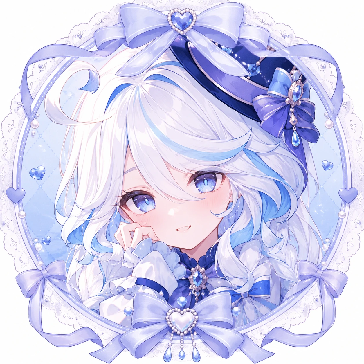 furina-pfp-cute-ribbon-frame Cute Furina icon with ribbon details and a soft pastel profile picture crop