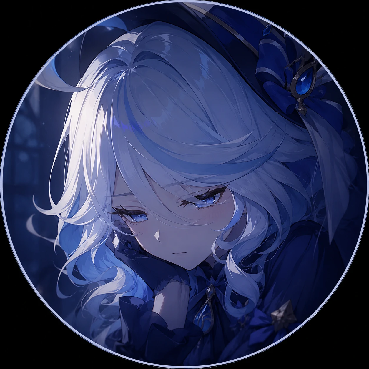 furina-pfp-sad-downcast-portrait Furina pfp sad portrait with downcast eyes and soft shadow detail