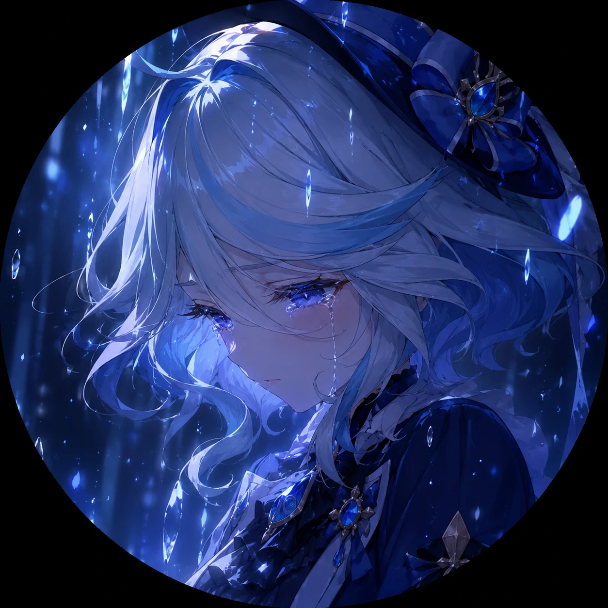 furina-pfp-sad-falling-light Furina sad pfp with falling light effects and a fragile anime expression