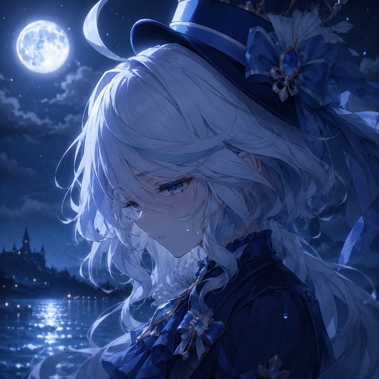 furina-pfp-sad-moonlight Sad Furina profile picture under moonlight with pale silver-blue shading