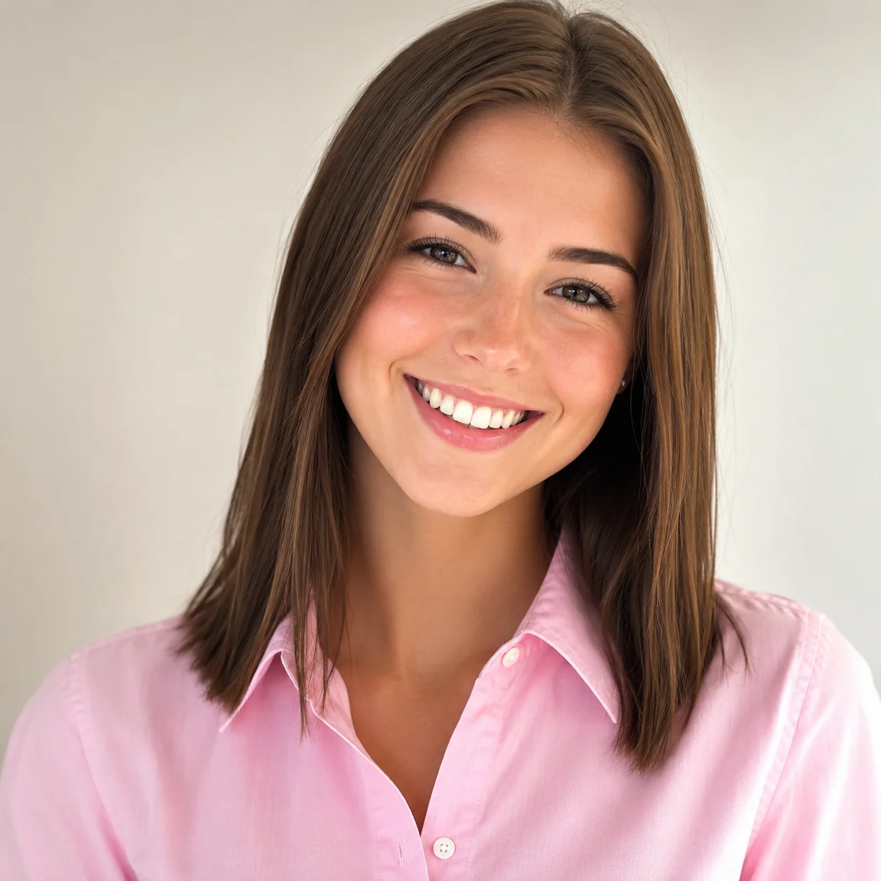 Girly preppy pfp with pink collared shirt and bright smile for Discord and Instagram avatars