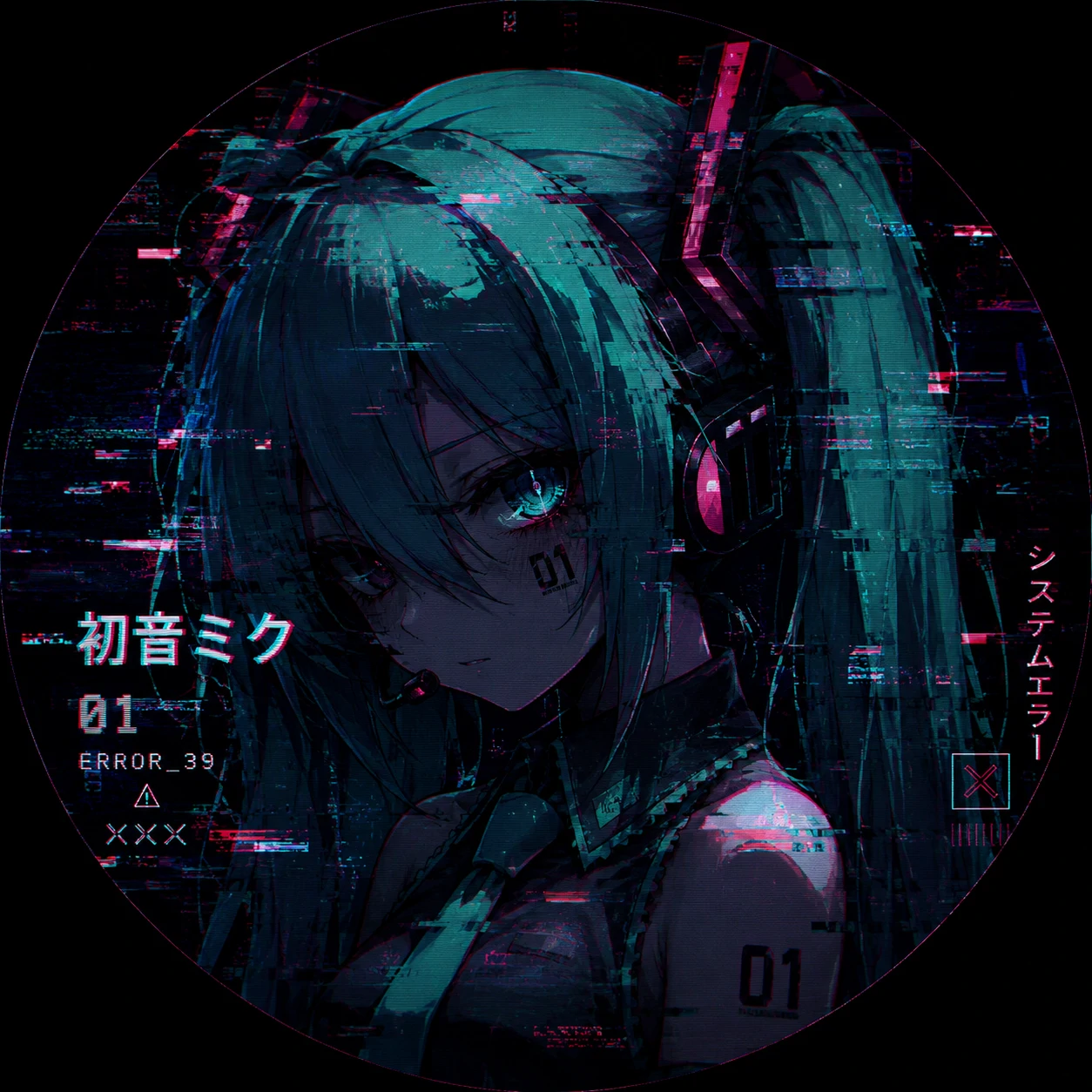 Glitchy dark Miku icon with digital distortion and moody cyber anime colors