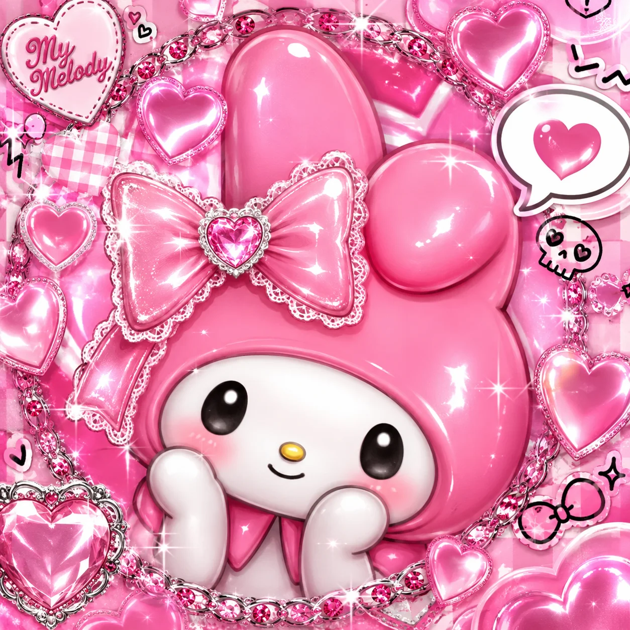 Glossy My Melody Y2K avatar with pink hearts and bright edited finish