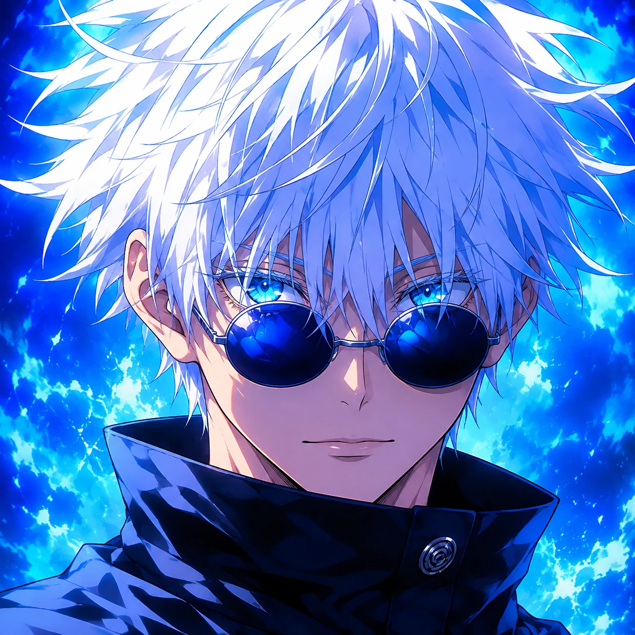 4K anime Gojo portrait avatar with bright blue background and sharp face crop