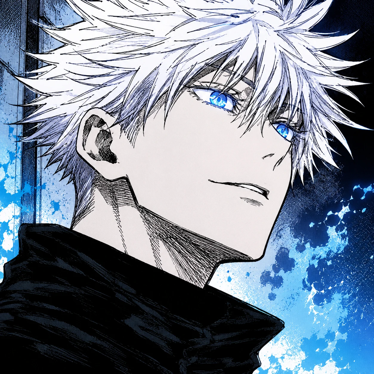 Colored manga Gojo pfp with blue accents over classic black line art