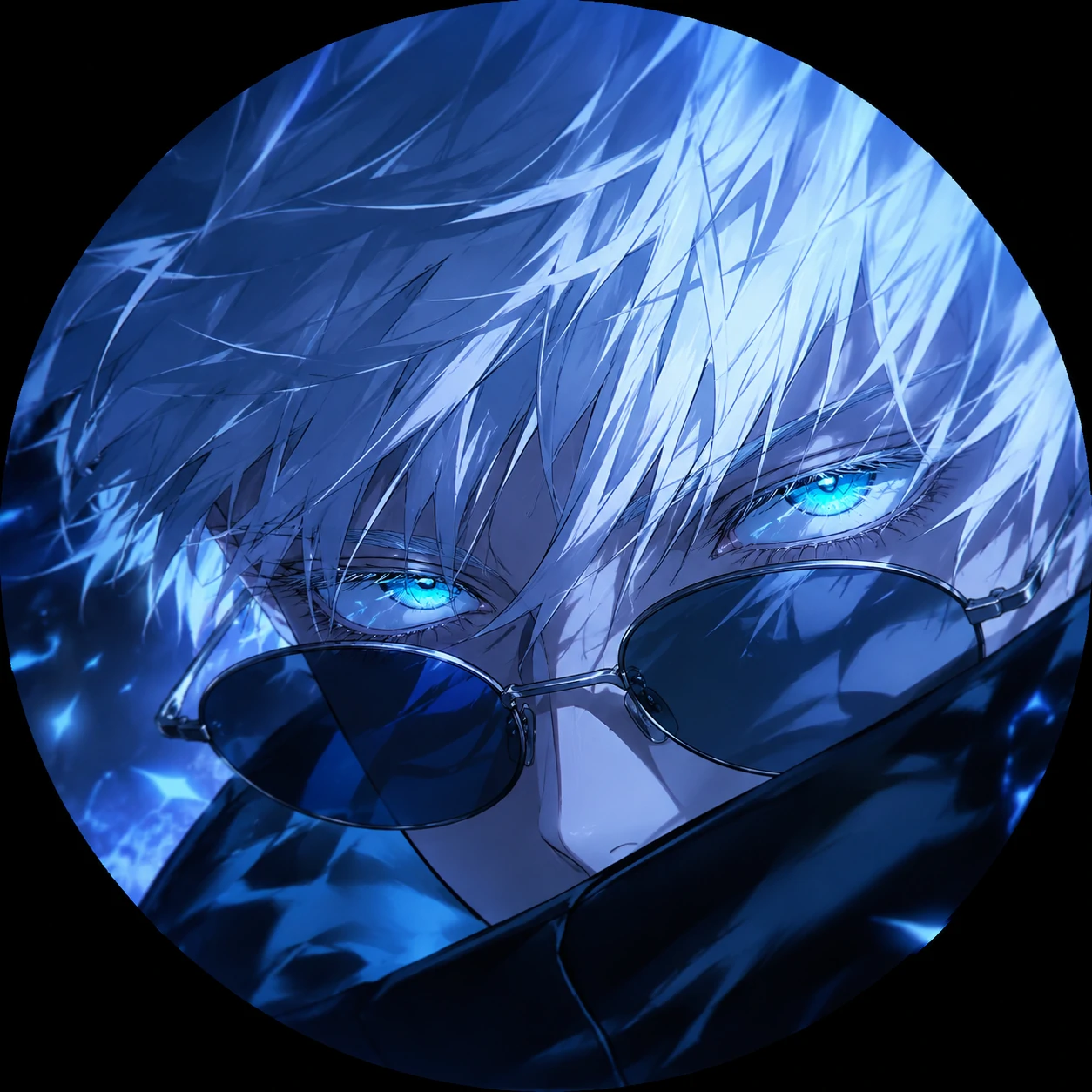 Gojo aesthetic pfp showing cyan eyes and cool blue anime lighting