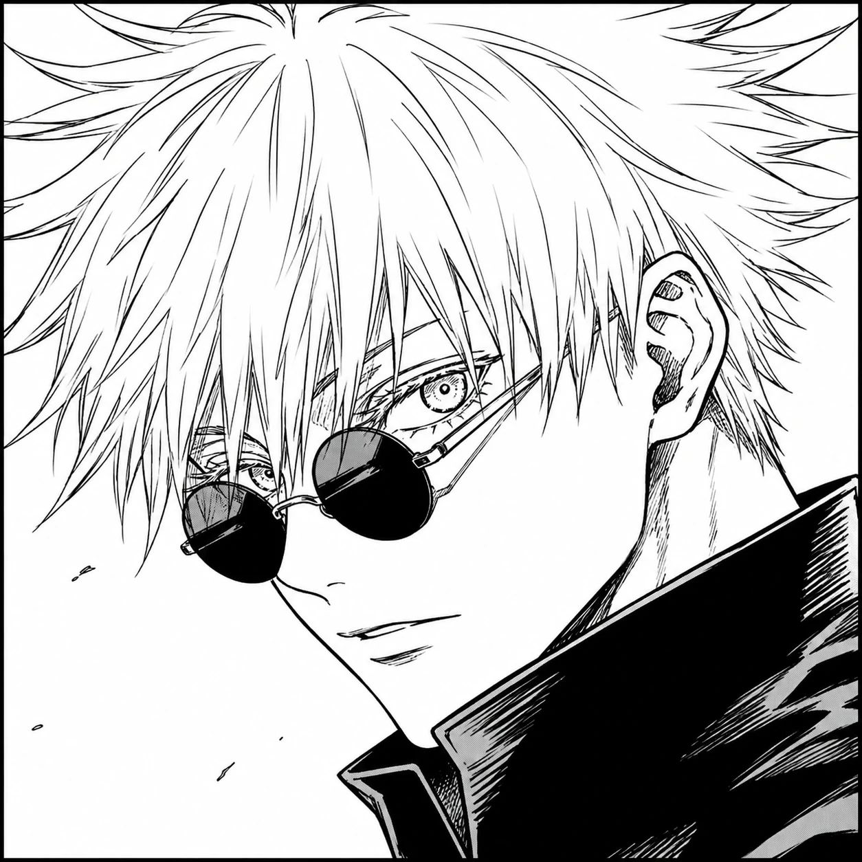 Gojo manga pfp in black and white with sharp panel linework