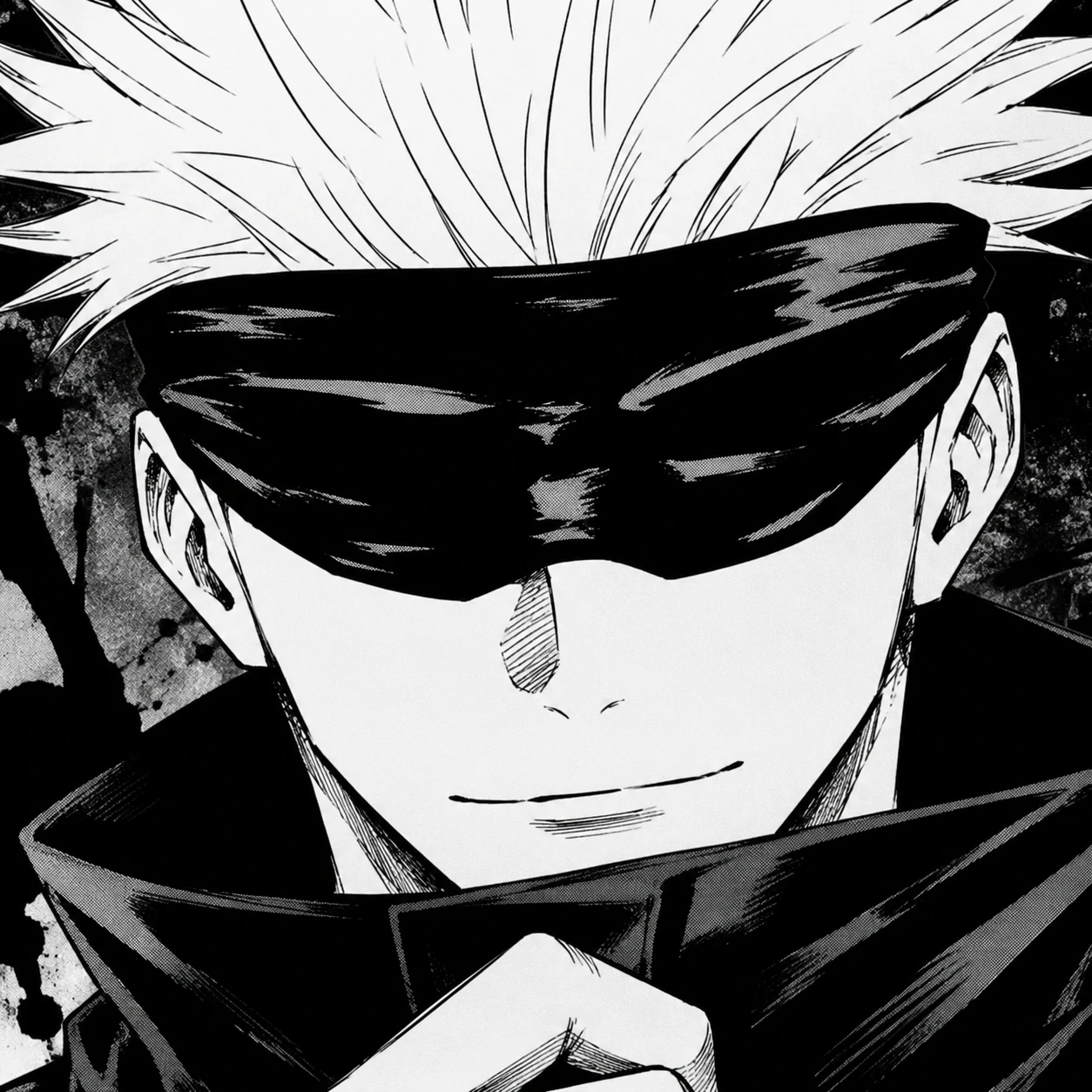 Blindfold Gojo manga panel pfp with close crop and dark line shading