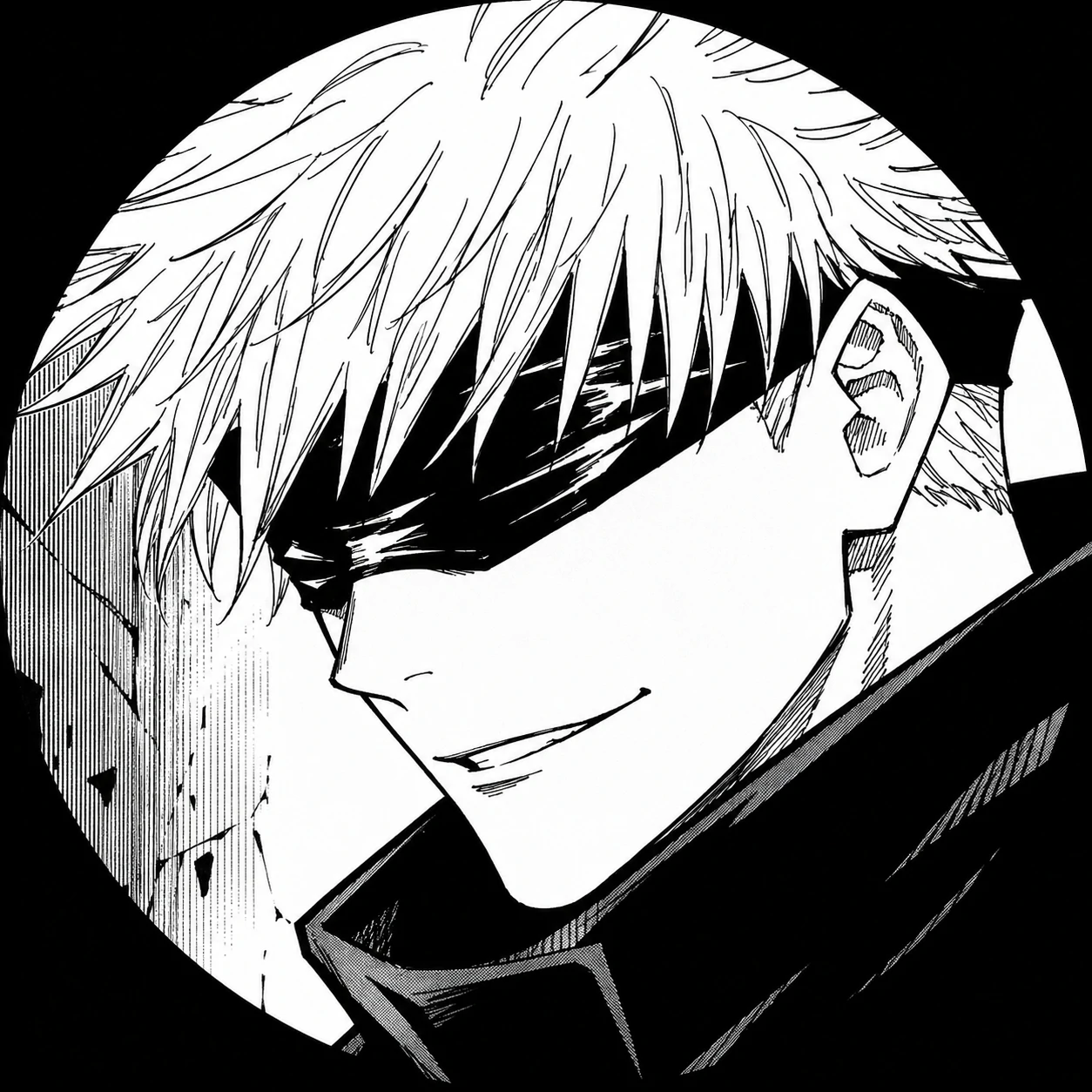 Gojo manga profile picture with slight smirk and crisp inked detail
