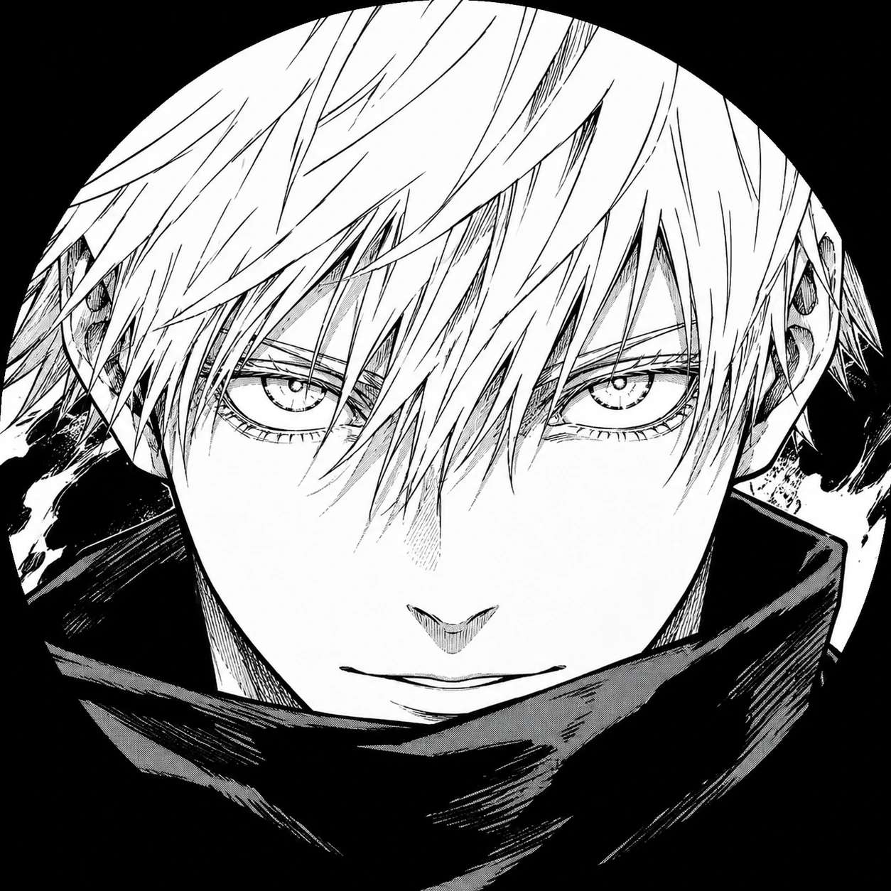 Satoru Gojo manga icon with intense stare and bold monochrome contrast