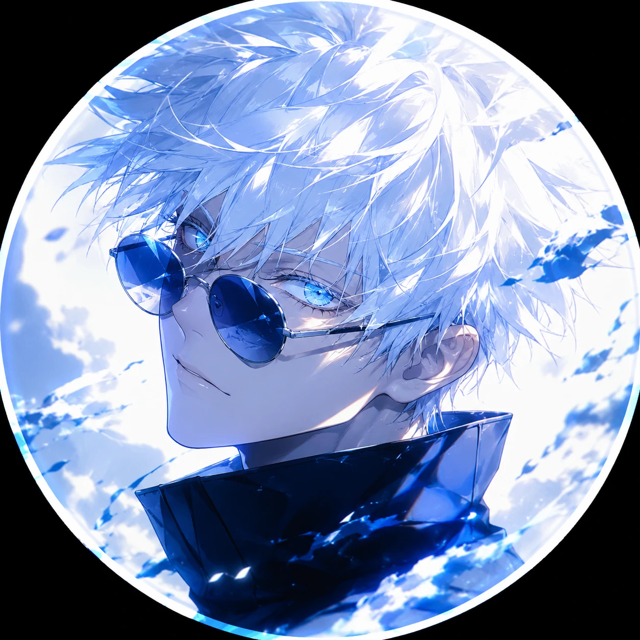 White and blue Gojo pfp edit with polished aesthetic anime styling