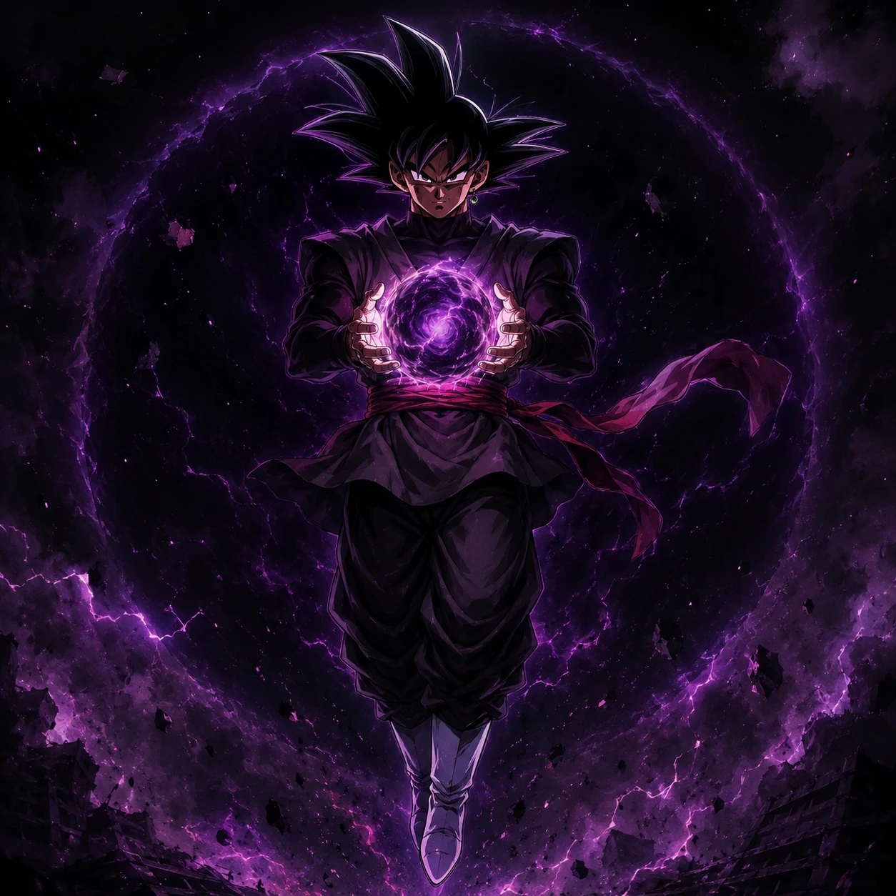 Black Goku PFP floating with energy sphere, anime dark avatar