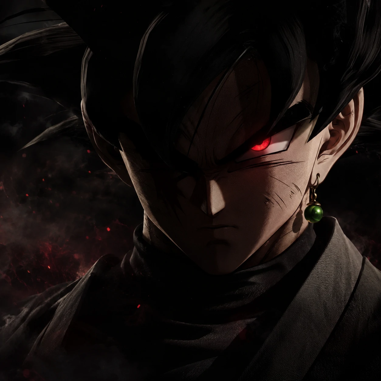 Black Goku PFP close-up dramatic portrait, dark Dragon Ball avatar