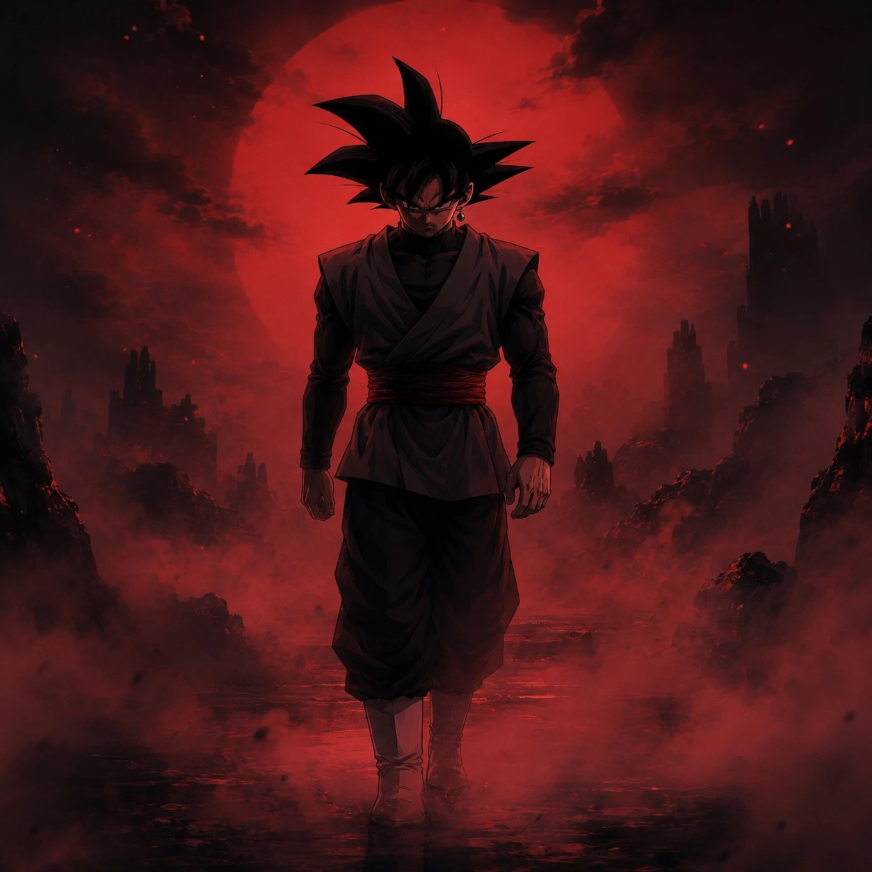 Black Goku PFP standing in red mist, dark aesthetic avatar