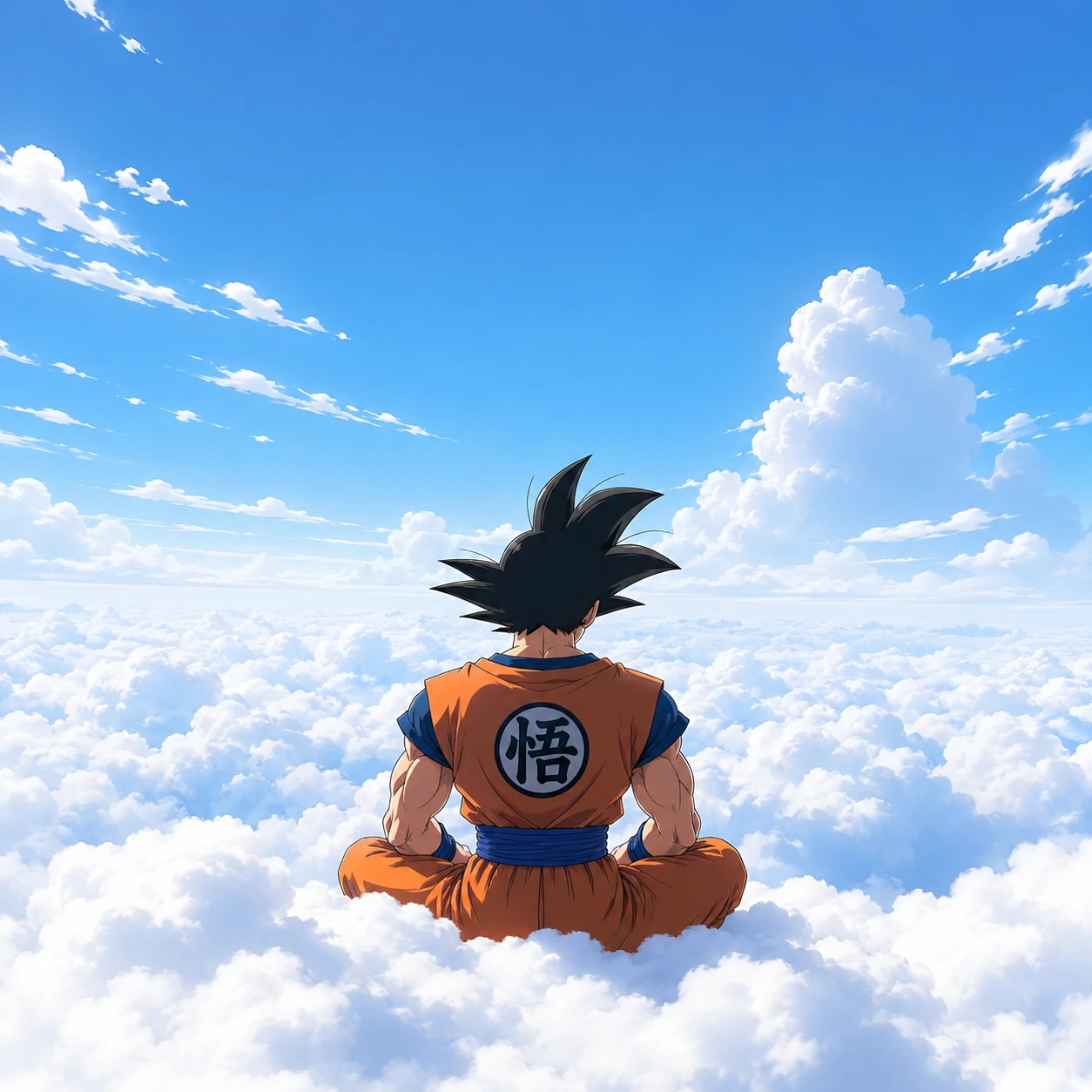 Aesthetic Goku PFP standing on white clouds with blue sky, anime avatar