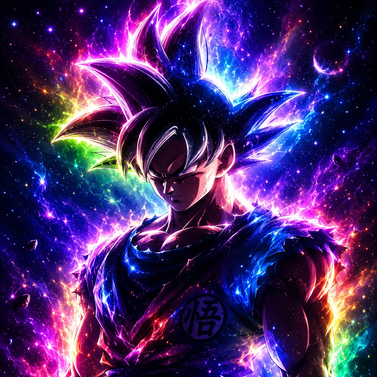 Aesthetic Goku PFP with rainbow galaxy ki aura, cinematic anime avatar