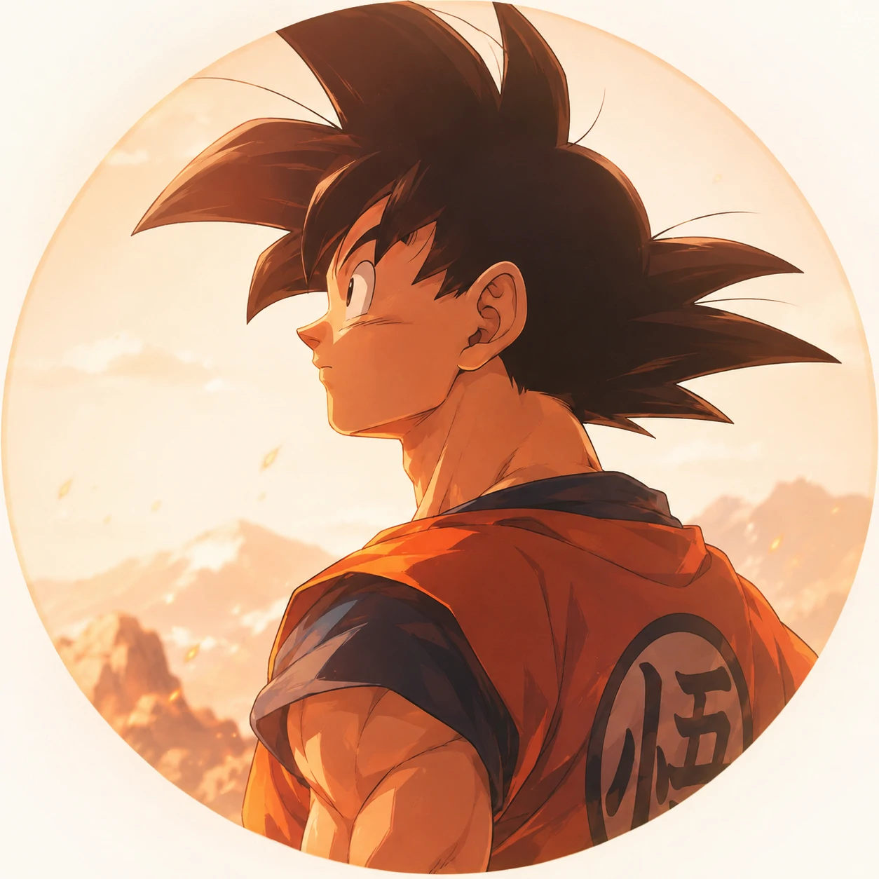 Aesthetic Goku PFP in soft orange lighting looking into the distance, anime style profile picture