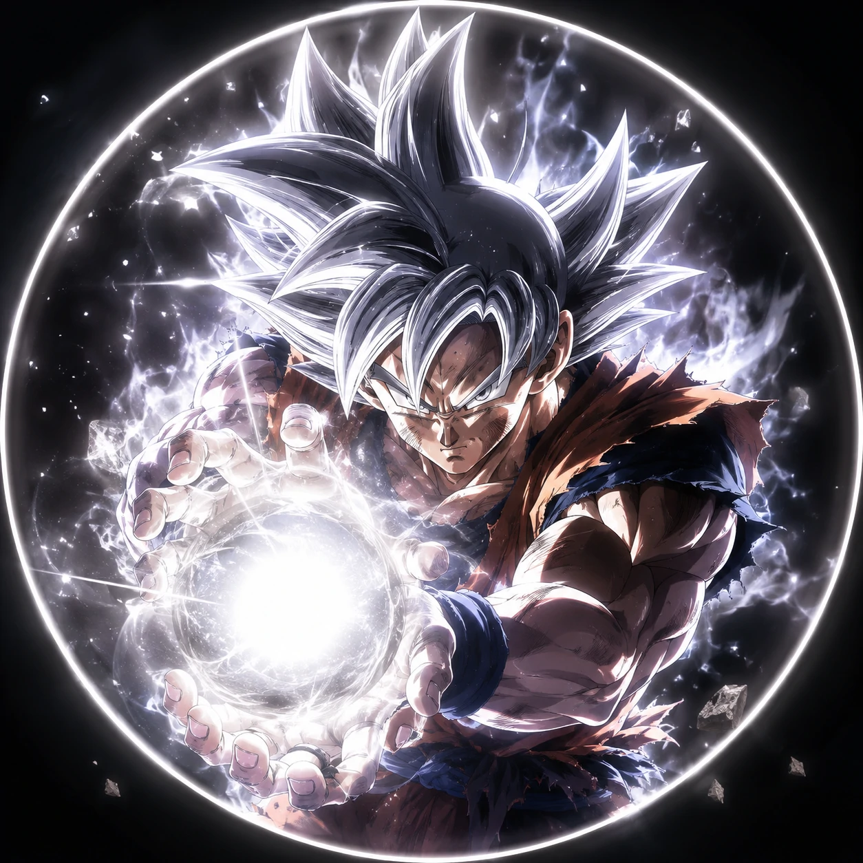 Ultra Instinct Goku PFP firing silver Kamehameha energy, anime avatar