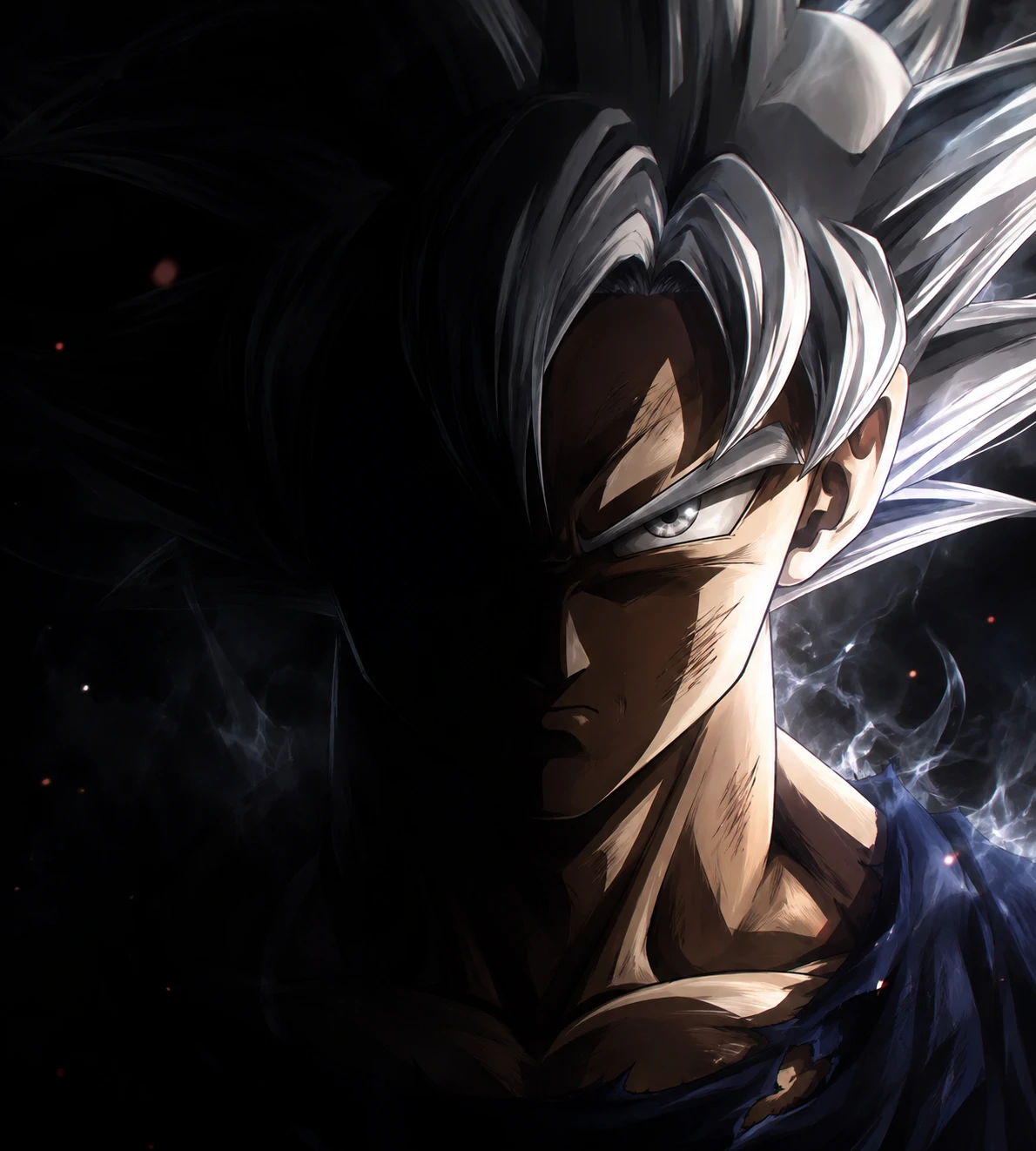 Ultra Instinct Goku PFP portrait shot in dark dramatic lighting, anime avatar