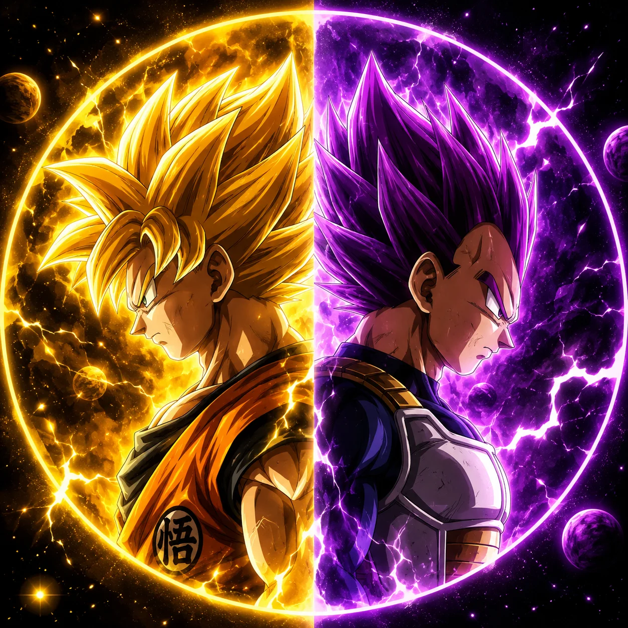 Goku and Vegeta matching PFP with yellow and purple auras, anime avatars