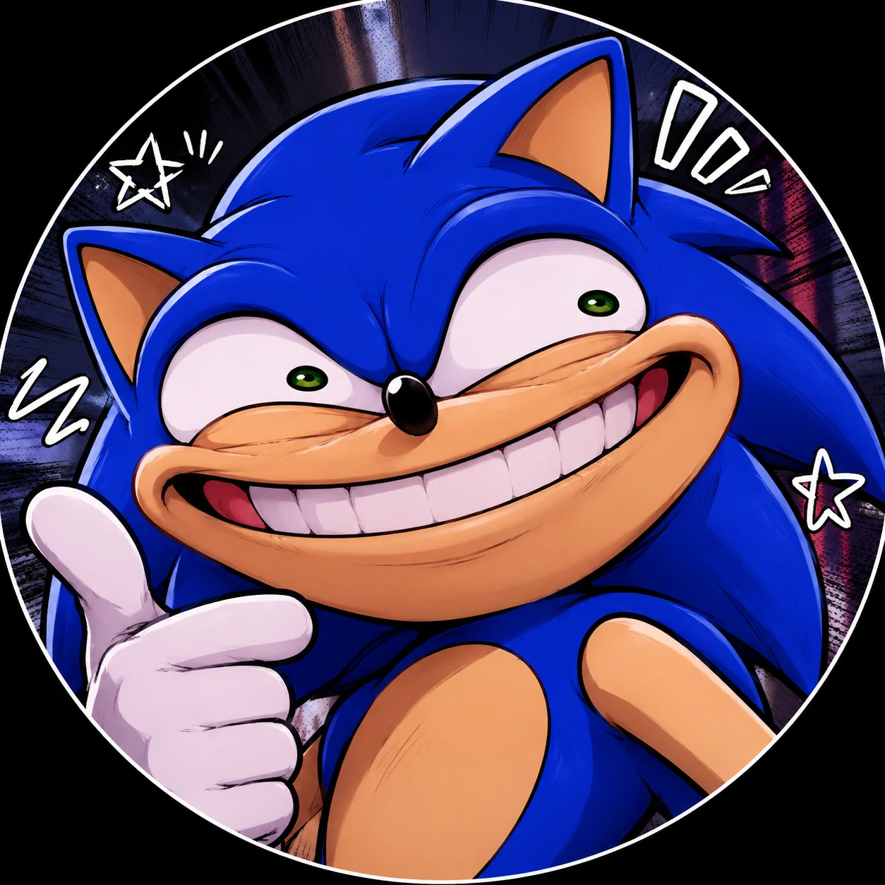 Goofy Sonic PFP with stretched expression and grin.