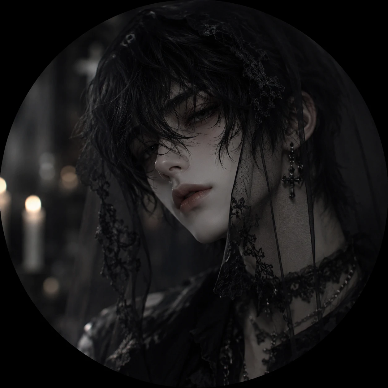 Goth femboy pfp with black veil detail and soft focus background