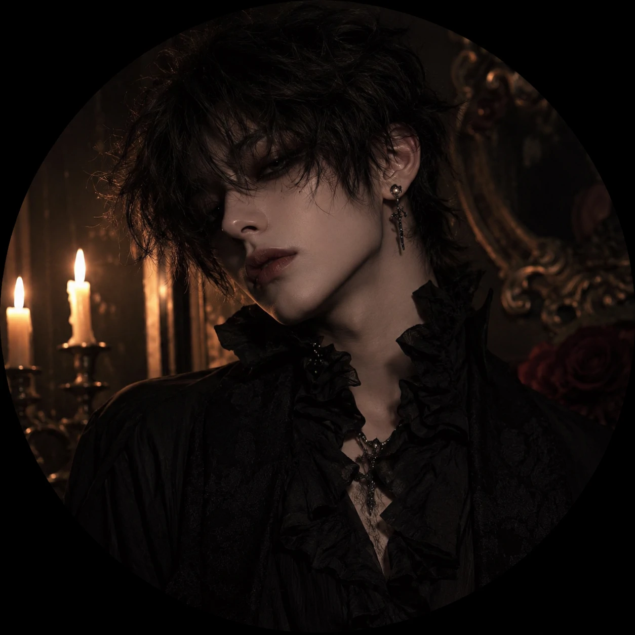 Goth femboy pfp in candlelight with ruffle shirt and dark eyeliner