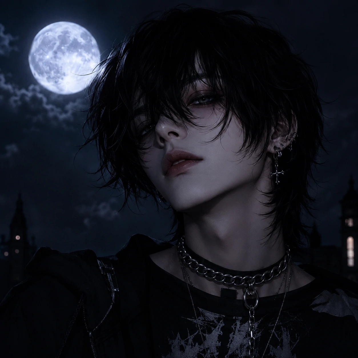 Goth femboy pfp with chain choker, moonlight glow, and layered bangs