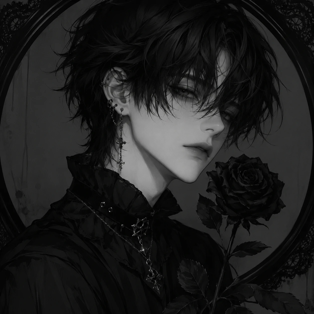 Monochrome goth femboy pfp with black rose detail and calm expression