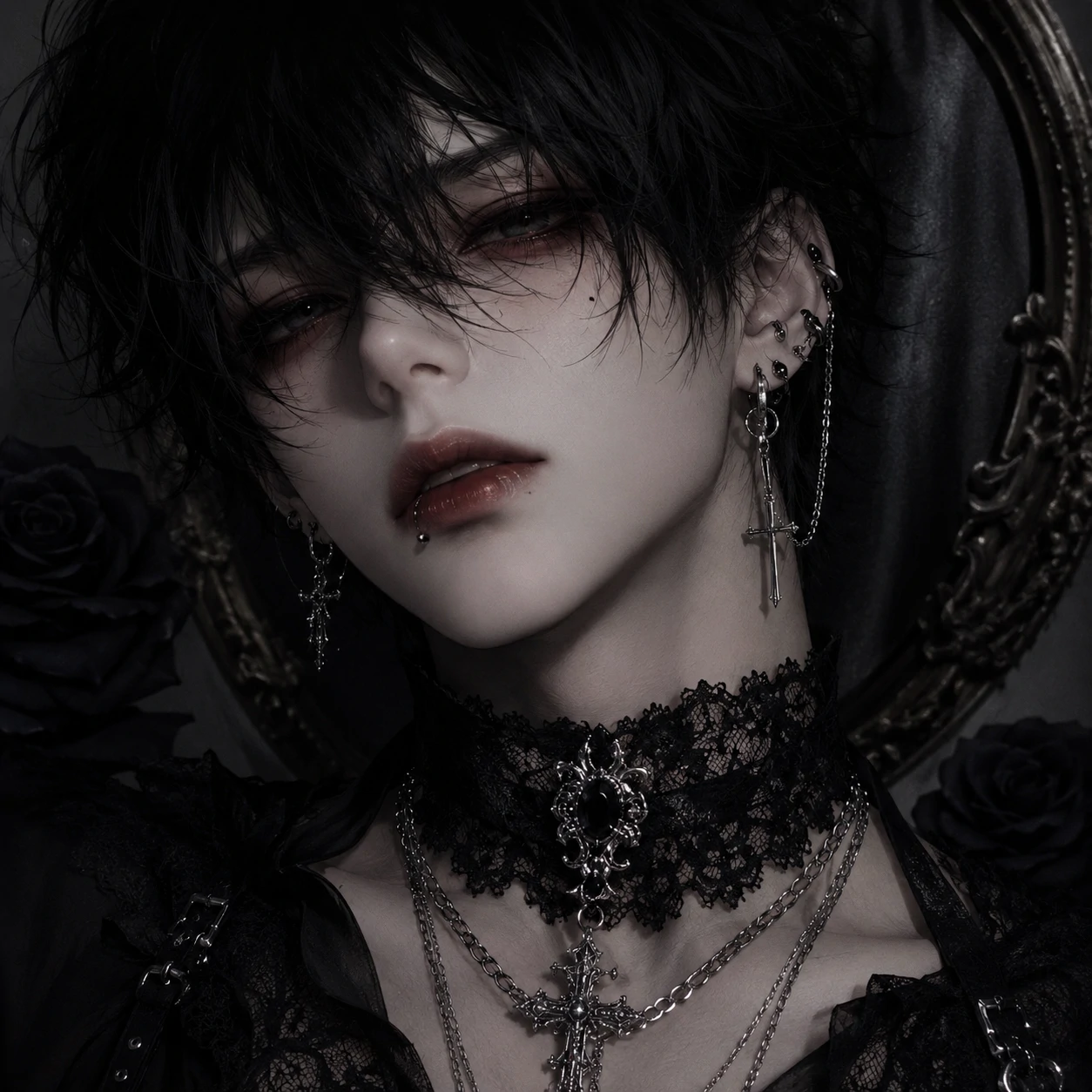 Goth femboy pfp with silver jewelry, black lace collar, and pale makeup