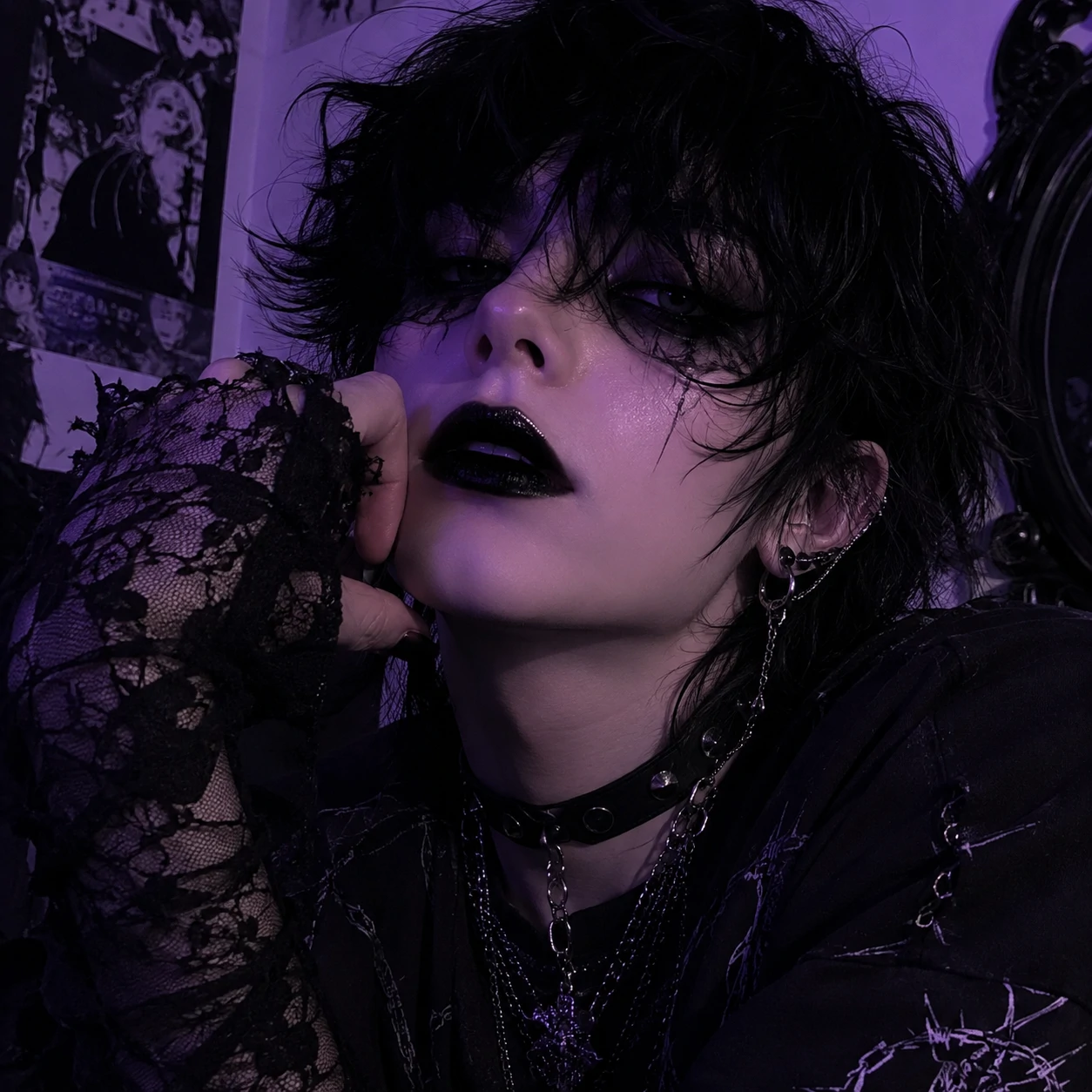Goth femboy profile picture with violet shadow lighting and dark lipstick