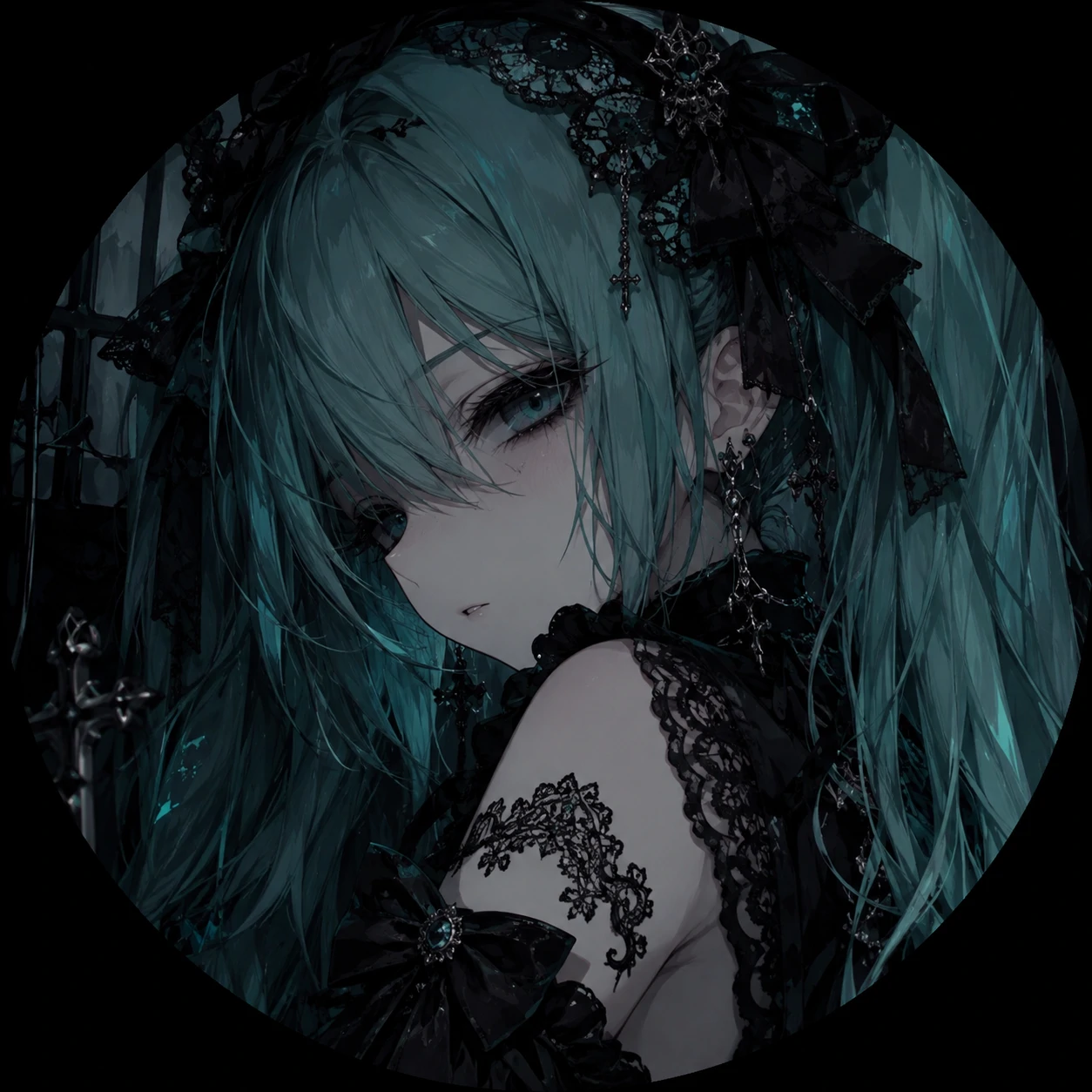 Dark Miku pfp in gothic lace styling with pale skin and teal highlights