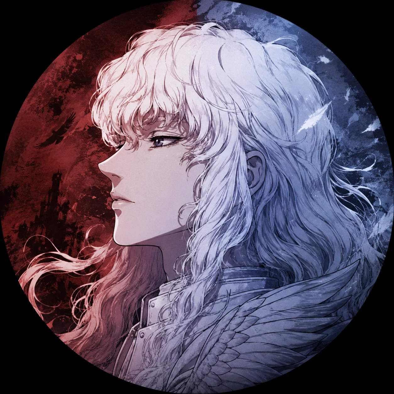 Matching pfp icon of Griffith with white hair and calm eyes for a duo set