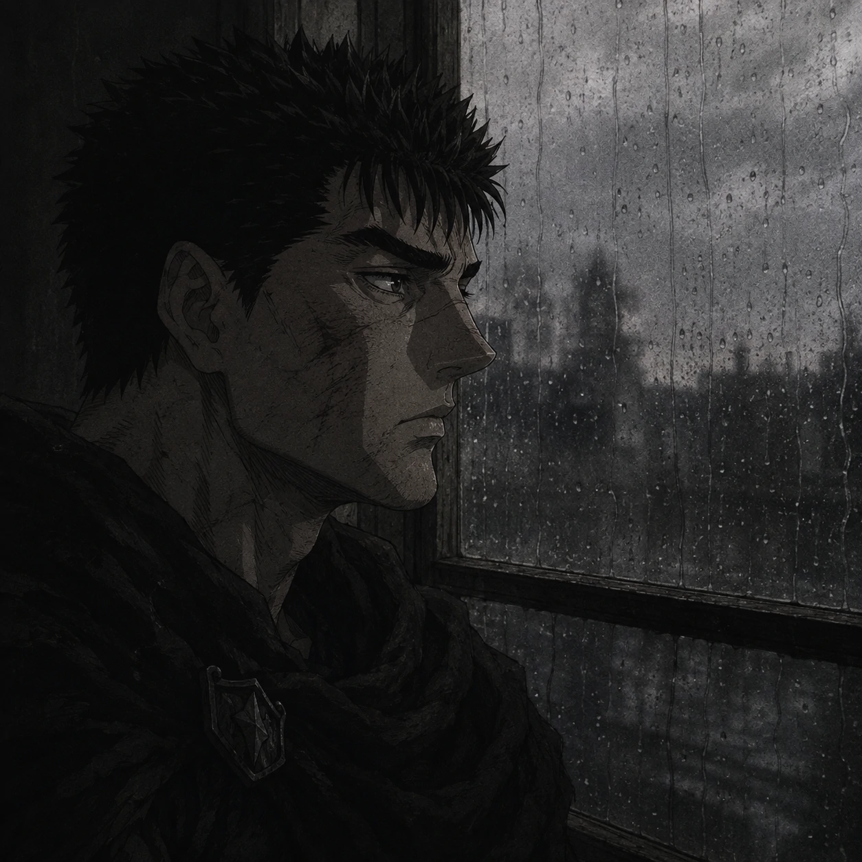 Aesthetic Guts pfp of Guts staring through a rain-streaked window in muted monochrome tones
