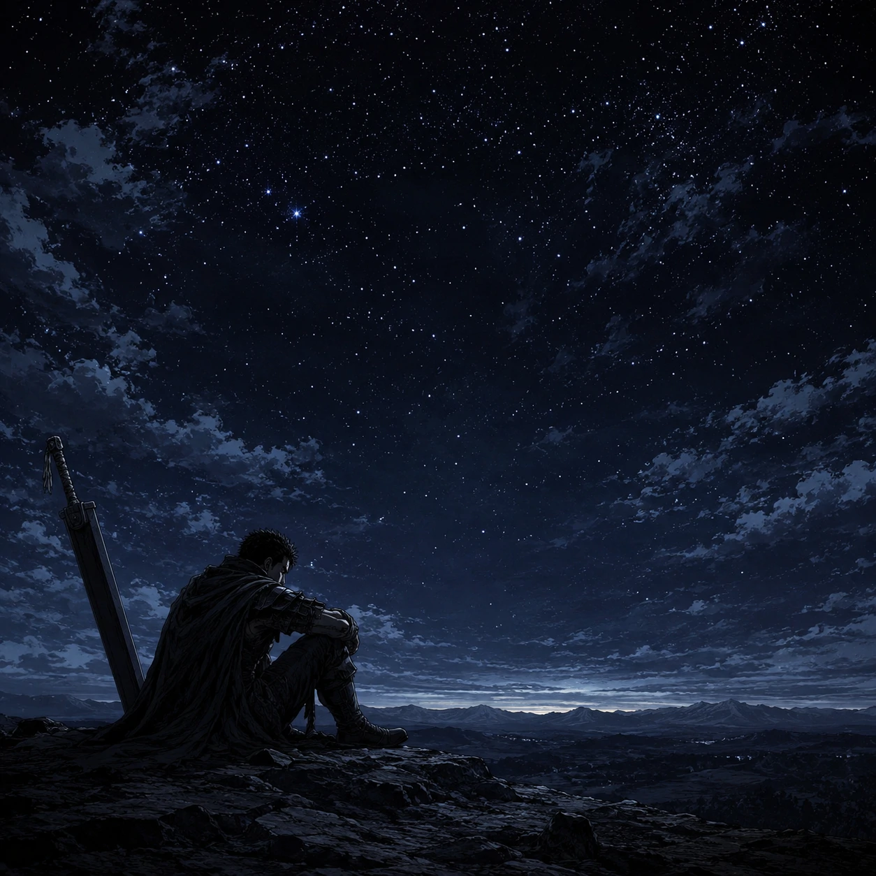 Sad guts pfp of Guts sitting alone under a vast night sky