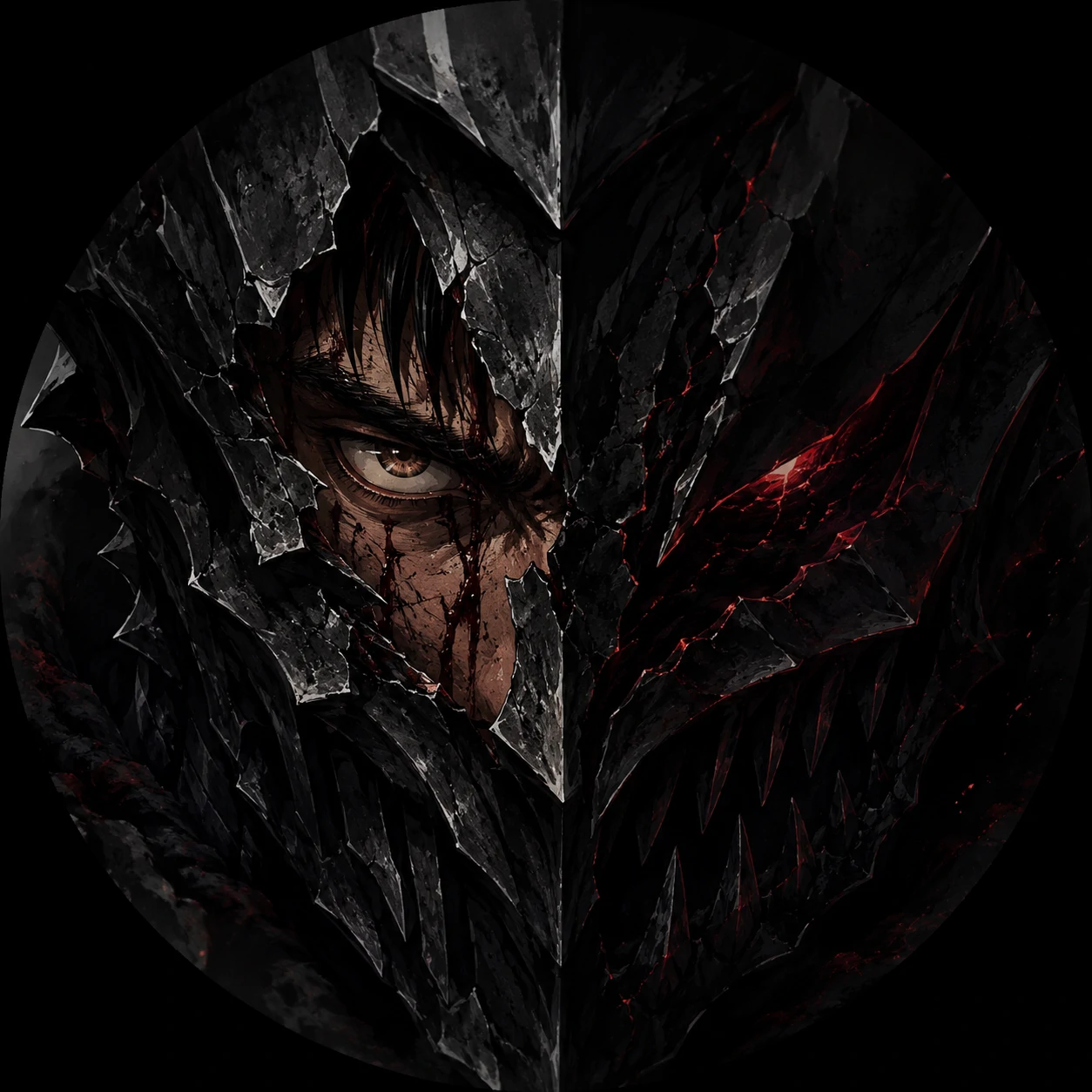 Avatar of Guts with the berserker armor mask breaking to show his human eye