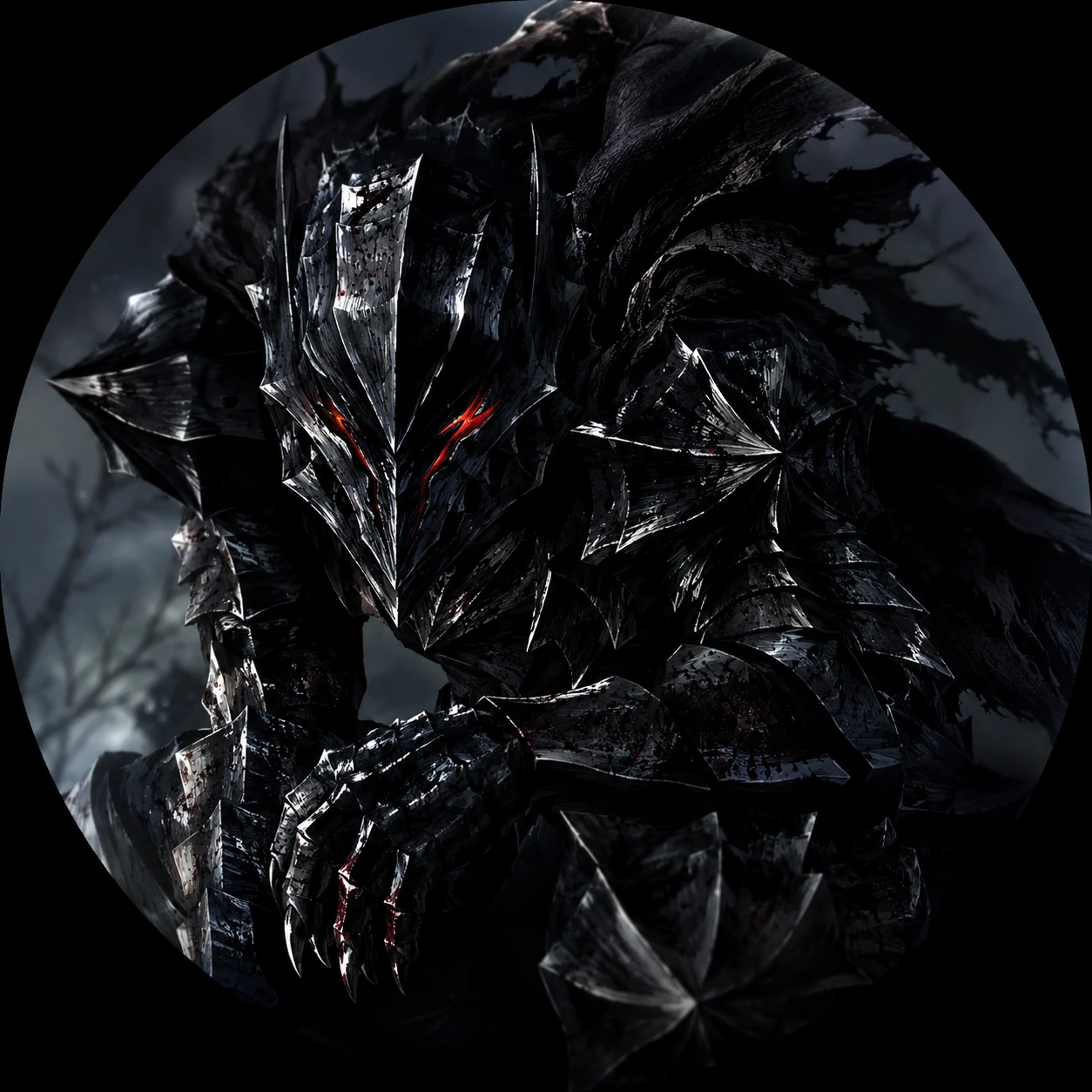 HD profile picture of Guts wearing the berserker armor in dark cinematic light