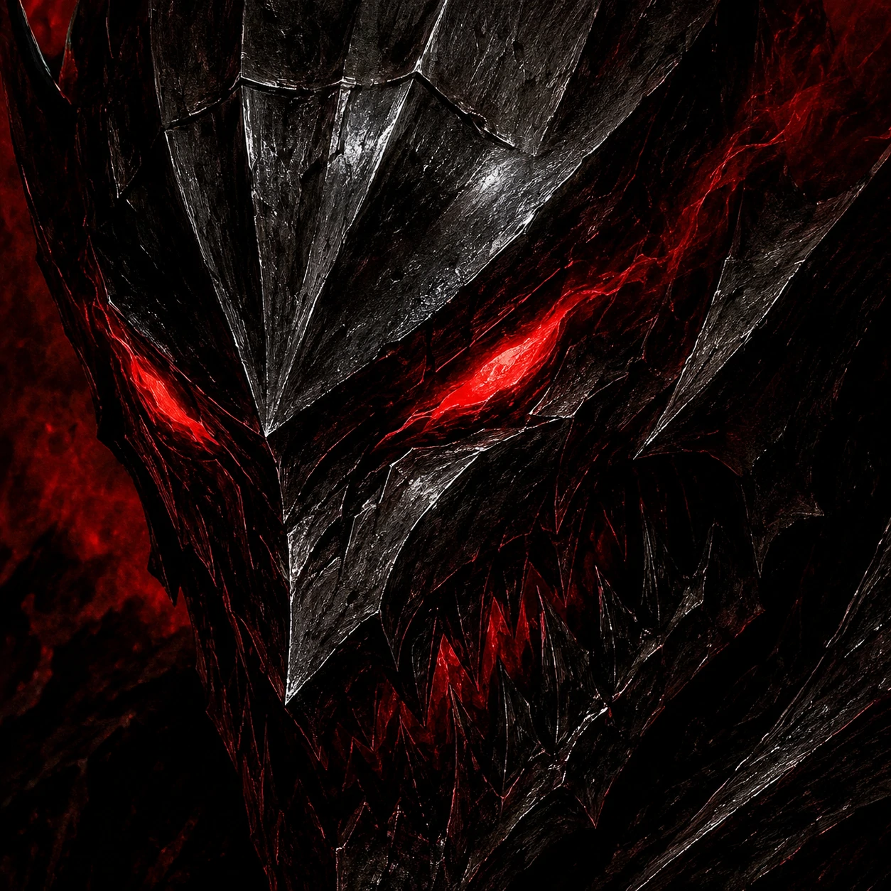 Guts berserker armor pfp close up on the snarling helmet and glowing eyes