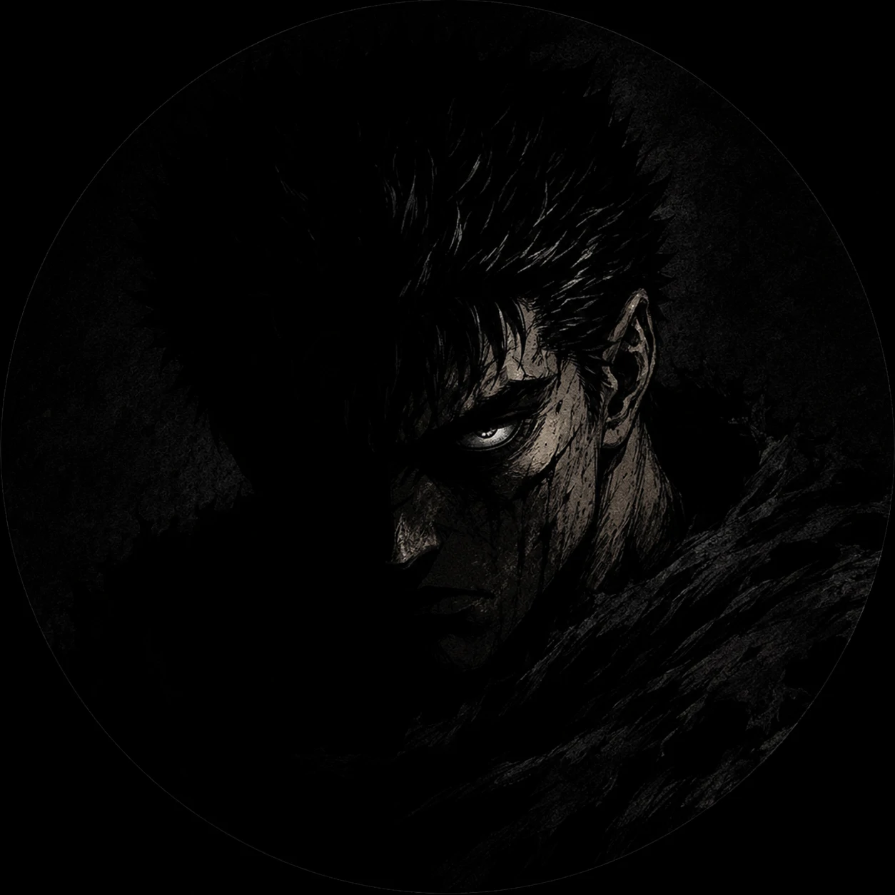 Black aesthetic profile pic of Guts with a shadowed face and light catching one eye