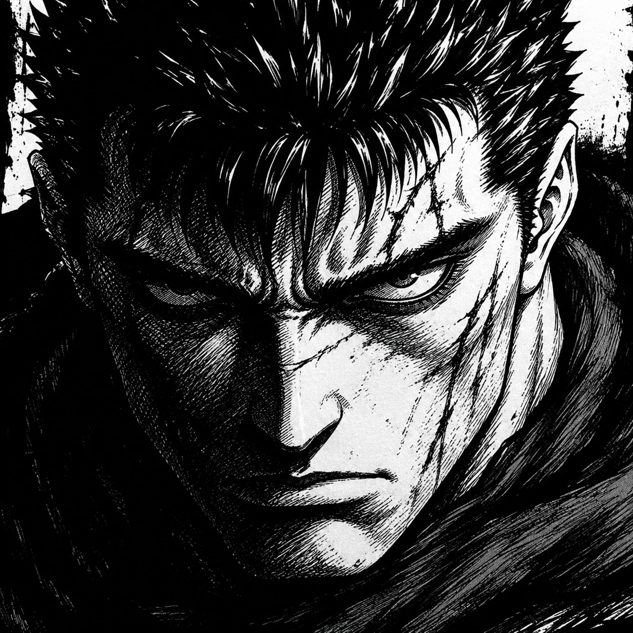 Black and white guts pfp ink portrait with intense shaded eyes