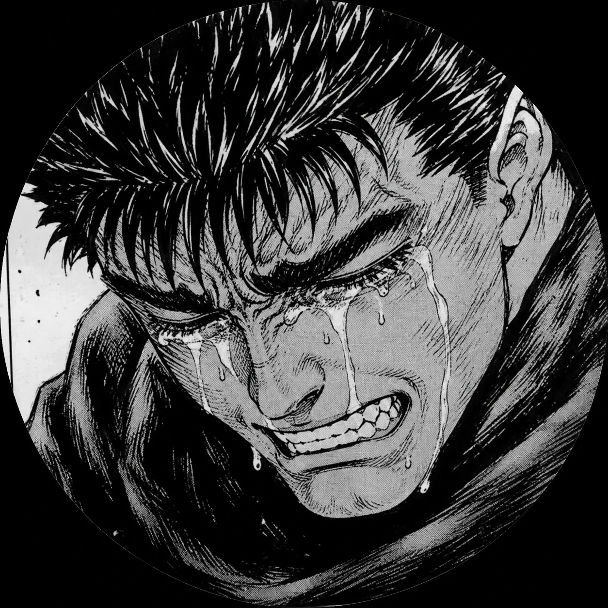 Manga panel guts pfp of Guts crying with clenched teeth in black and white