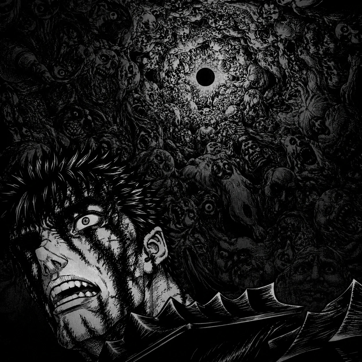 Dark manga panel guts pfp from the Eclipse with faces swirling in the sky