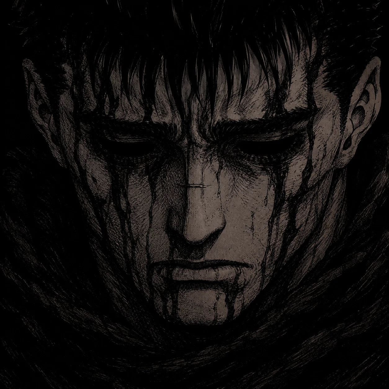 Close up sad guts icon from the eclipse with hollow eyes