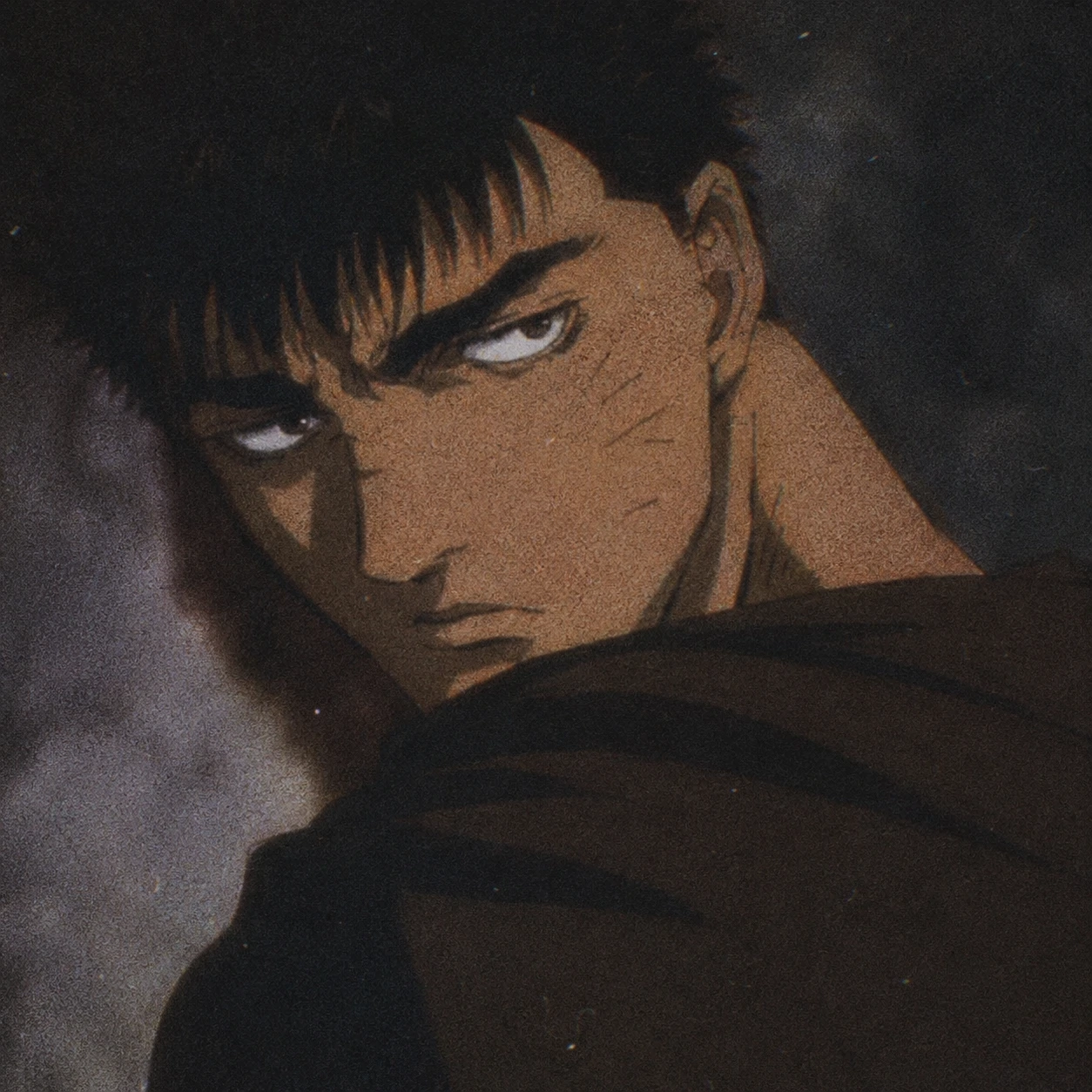 Grainy film aesthetic portrait of Guts as an anime icon with soft focus
