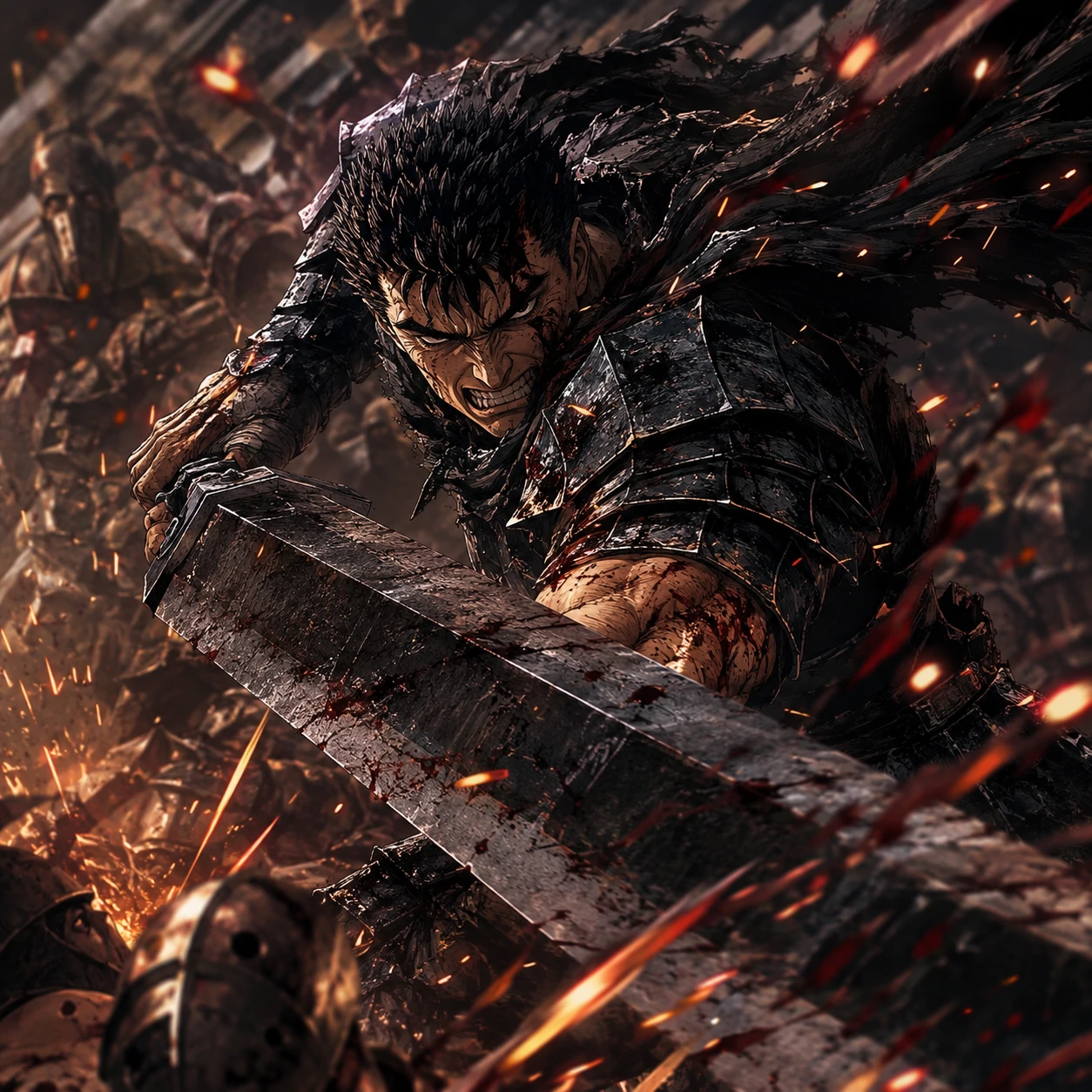 HD guts profile picture of Guts mid battle with sparks and motion