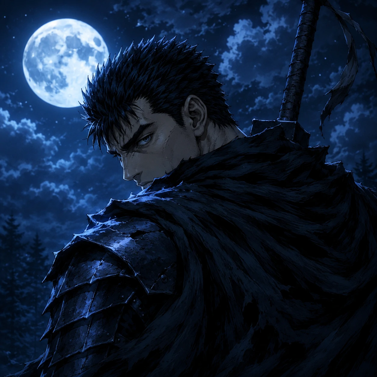 HD nocturnal guts icon of Guts under moonlight in cool blue tones
