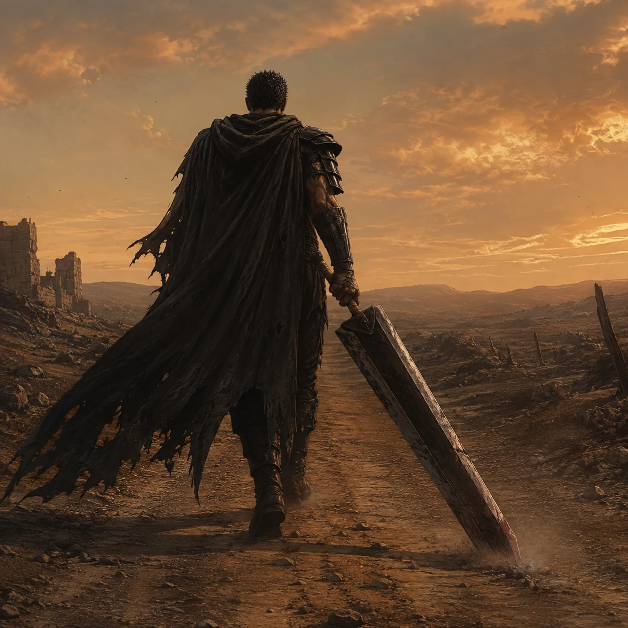 HD guts pfp of the lone wanderer black swordsman on an empty road