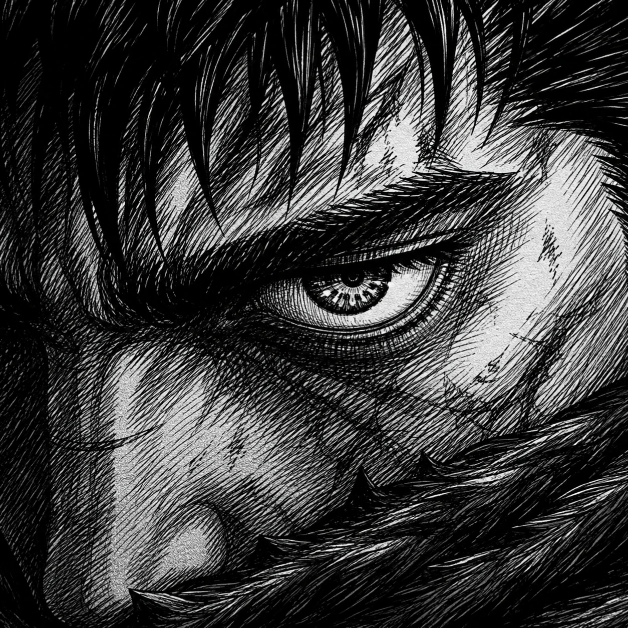 Close-up black and white guts avatar of manga art with intense crosshatched eyes