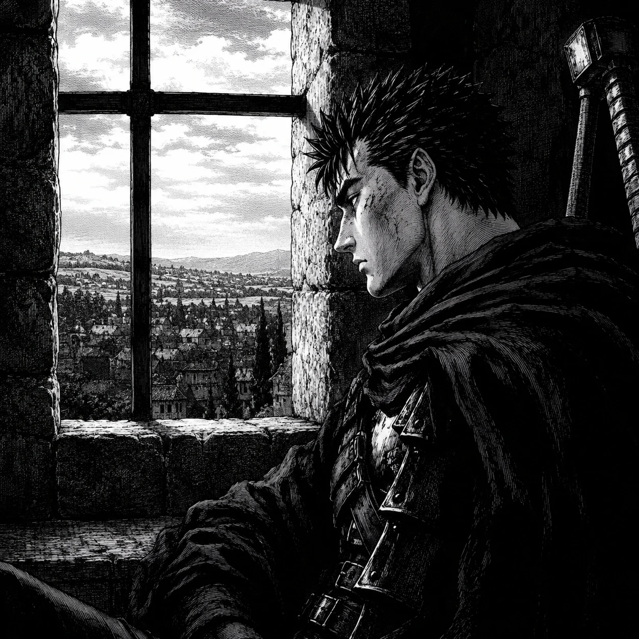 Manga panel pfp of Guts looking out a window, black and white ink art