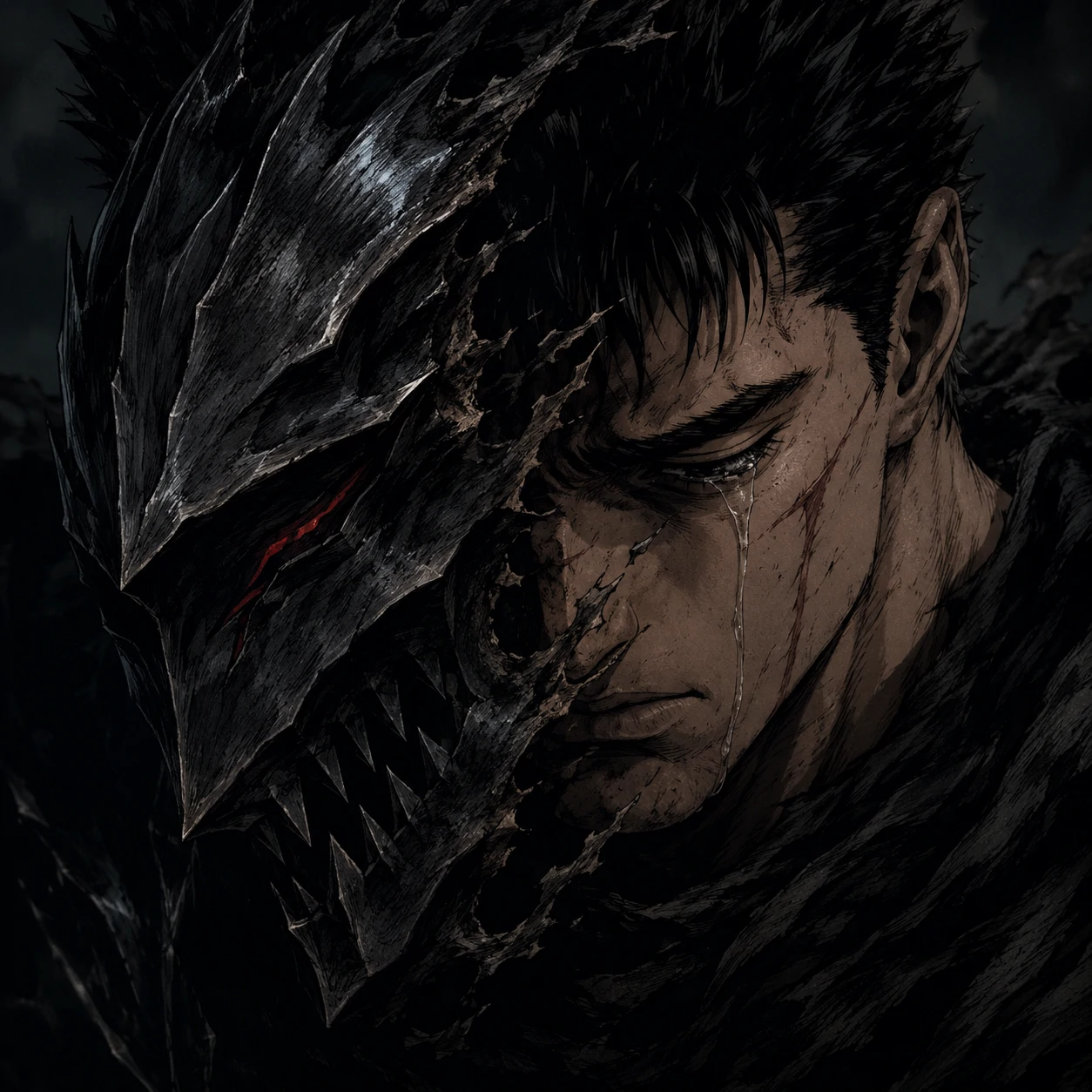 Sad profile pic of Guts with the berserker armor retreating to show grief